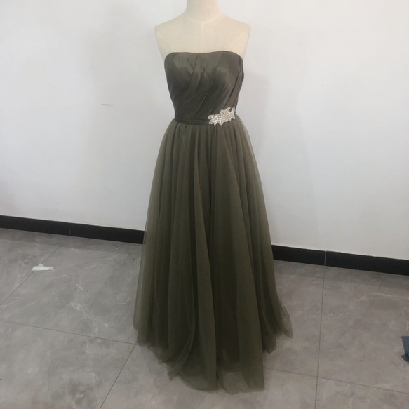 雅やか 深めな緑 カラードレス ロング ベアトップ/音楽会/発表会  