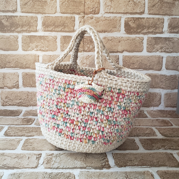 Lサイズ》レトロカラー マーブル模様 麻ひも引き揃えかごバッグ  