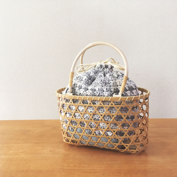 【限定販売】手編み青巾着　きせかえ竹かごバッグ 1枚目の画像