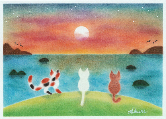 パステル原画　3匹の猫「Sunset」 2枚目の画像