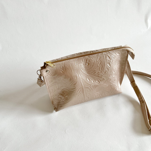 ダブルポシェット ショルダーバッグ 本革 ボタニカル シャンパン