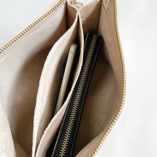 ダブルポシェット ショルダーバッグ 本革 ボタニカル シャンパン