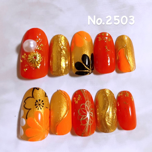 No.2503 ネイルチップ サイズオーダー オレンジ 朱色 ゴールド 和柄
