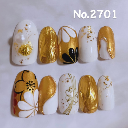 NO.3］ネイルチップ 和柄 成人式 振袖 イエロー