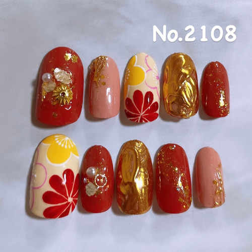 ネイルチップ 成人式 和柄 青 花 フラワー フルオーダーネイル