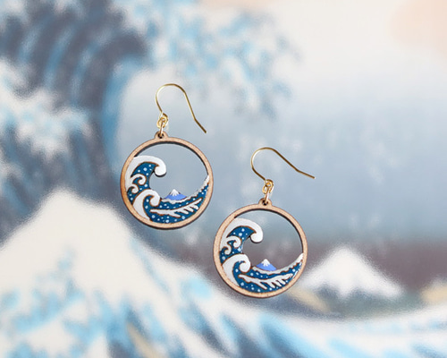 神奈川沖浪裏ラウンドフレームピアス・冨嶽三十六景 葛飾北斎/p1201