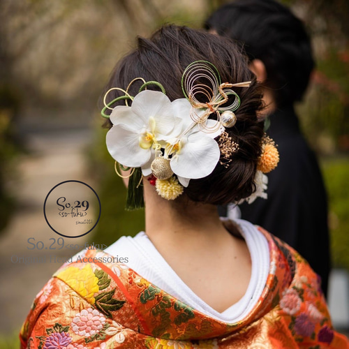 鶴の水引と胡蝶蘭の髪飾り(大きめ蘭)|結婚式 成人式 卒業式 前 鶴の水引と胡蝶蘭の髪飾り(大きめ蘭)|結婚式 成人式 卒業式 前