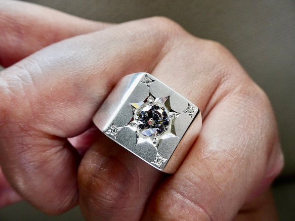 仁尾彫金『5つ星ジルコニア印台リング』ハンドメイド131 指輪・リング