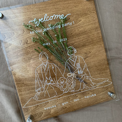 【結婚式用】アクリル板と蜜蝋で染めた木板のウェルカムボード| お写真をイラスト化します 2枚目の画像