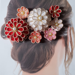 白金 赤×白 つまみ細工髪飾り 成人式 卒業式 結婚式 七五三 着物 振袖