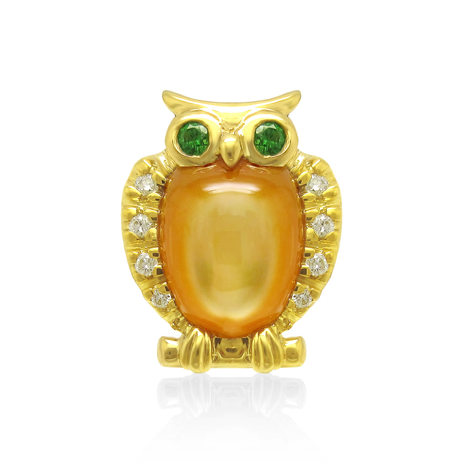 【残り２点】K18 イエローゴールド おしゃれ 梟 モチーフ 天然 白蝶貝 と ダイヤ と グリーンガーネット ブローチ