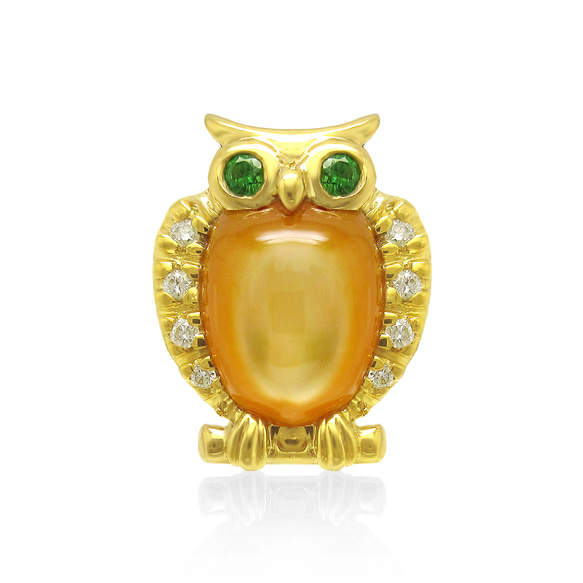 [剩餘 2 件] K18 黃金時尚貓頭鷹圖案天然白色珍珠貝殼、鑽石和綠色石榴石胸針 第1張的照片