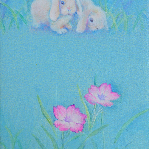 キャンバス油絵【原画】*ホーランドロップ(うさぎ)とピンクの キャンバス油絵【原画】*ホーランドロップ(うさぎ)とピンクの