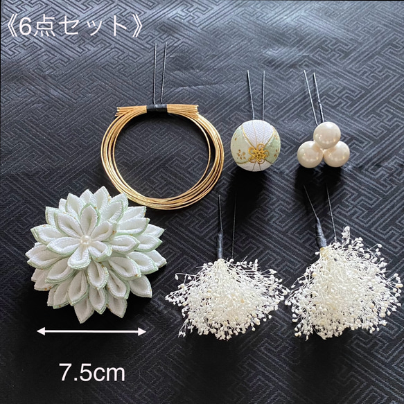 《受注製作》和装髪飾り 黄緑色 成人式 結婚式 卒業式 七五三 つまみ細工 かすみ草 3枚目の画像