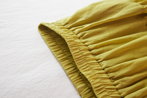 優しく揺れる、ゆるふわギャザースカート　リネンロングスカート　裏地付き　明るい黄緑色　220512-3 4枚目の画像