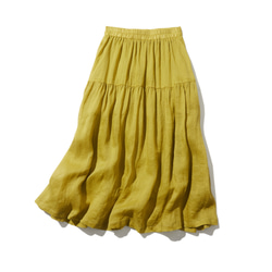 優しく揺れる、ゆるふわギャザースカート　リネンロングスカート　裏地付き　明るい黄緑色　220512-3 1枚目の画像