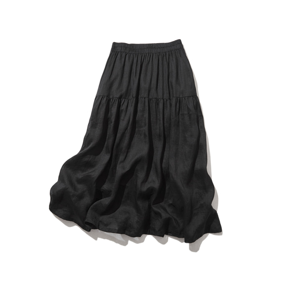 優しく揺れる、ゆるふわギャザースカート　リネンロングスカート　裏地付き　ブラック　220512-5 1枚目の画像