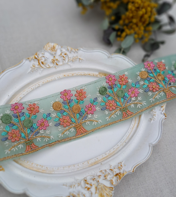 インド刺繍リボンno.163 (25cm・花のブーケ・花束・ニュアンスカラー 