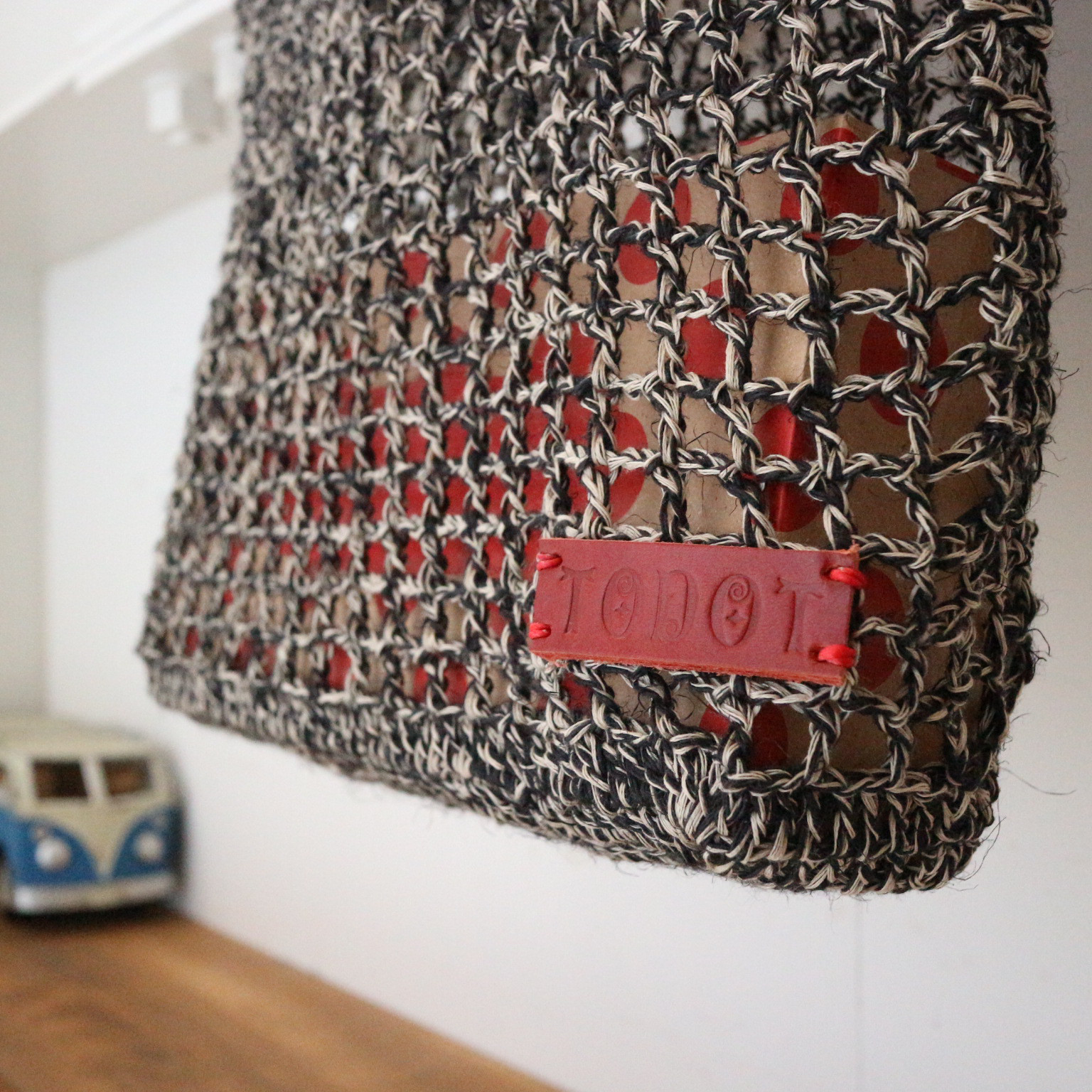 ◇リネンミックス糸の大きなメッシュバッグ◇ブラック×ナチュラル♢