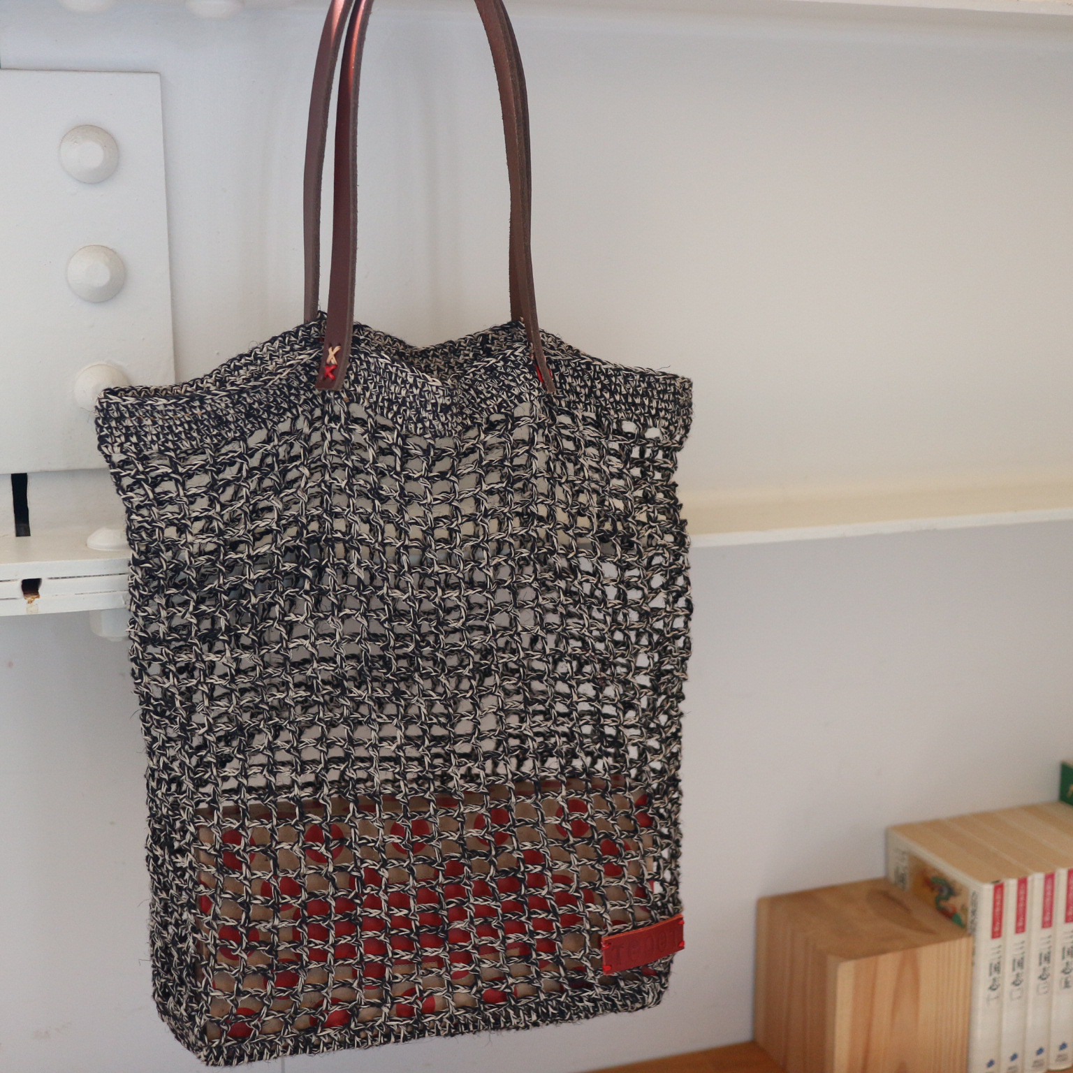 ◇リネンミックス糸の大きなメッシュバッグ◇ブラック×ナチュラル♢