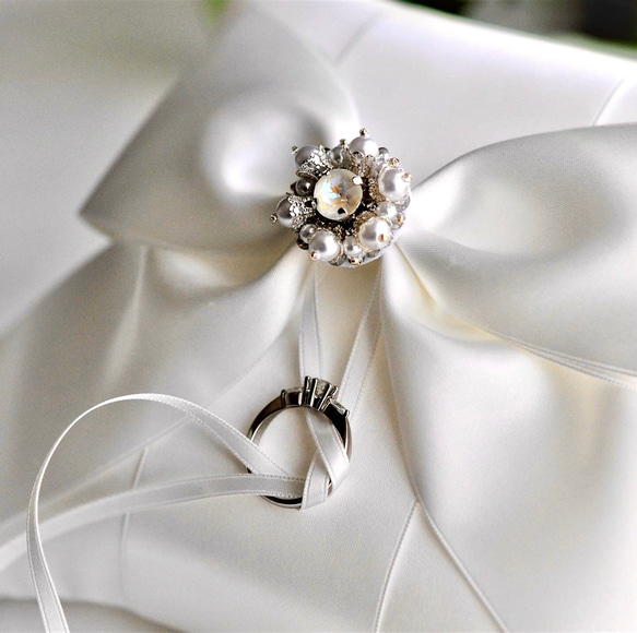 【再販】クチュール感覚のプリンセス　リングピロー　ホワイトリボン　パール　スワロフスキー 16枚目の画像