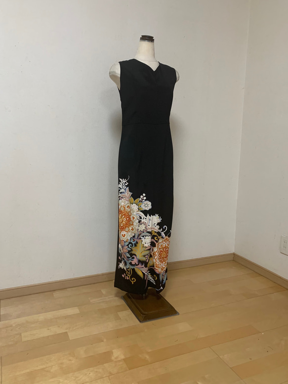着物リメイク ワンピース 黒留袖ドレス ロング Vネック Aライン 作家物