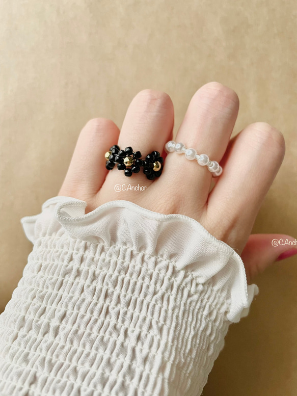 ❤️ブラック＆パールリングセット❤️ ビーズリング 비즈반지 韓国
