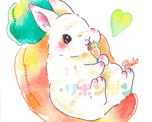 手のひらアート『にんじんクッション』 複製原画 うさぎ イラスト