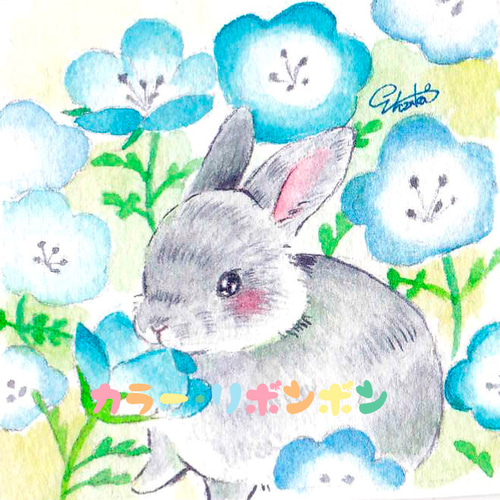 手のひらアート『ネモフィラ』 複製原画 うさぎ 透明水彩 イラスト