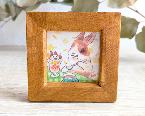 絵画『手のひらの宇宙』原画 イラスト かわいい うさぎの絵 癒し 一点物 手のひらアート『うさぎカフェ』 複製原画 うさぎ イラスト インテリア