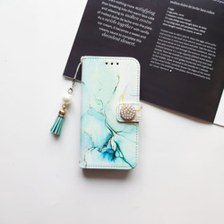 ブルーグリーン 大理石 ♡ iphone 手帳型ケース  選べるビジュー＆ストラップ付き ♥ チェーンオプション 1枚目の画像