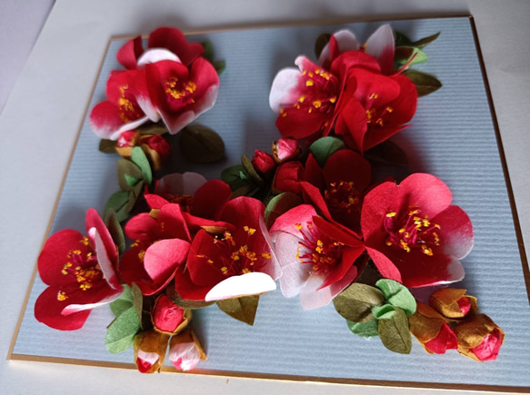 和紙の折り紙フラワー(ボケの赤花) 3枚目の画像