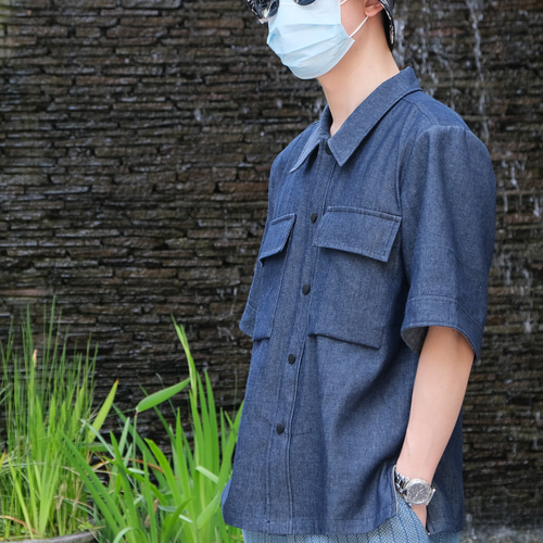 ダークブルーデニムボタンアップシャツ ダークブルーデニムボタンアップシャツ