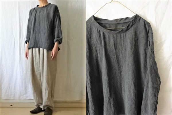 【受注制作】グレーブラック/炭染60リネン(薄手)　ゆるり長袖プル