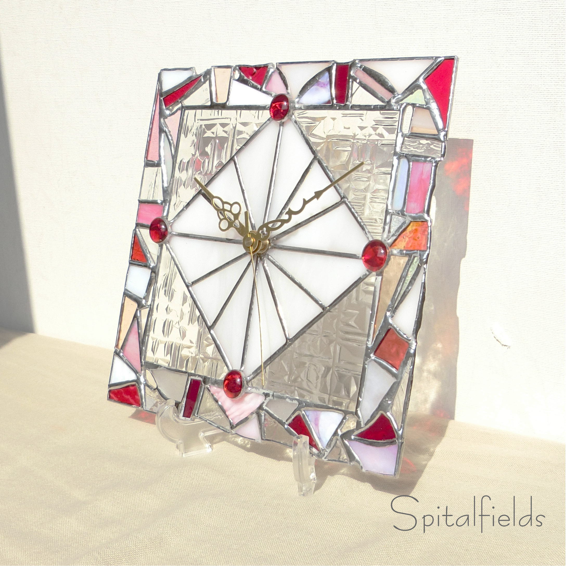 ＊一点もの＊　壁掛け・置き型兼用　ステンドグラスの時計L（ピンク_212）