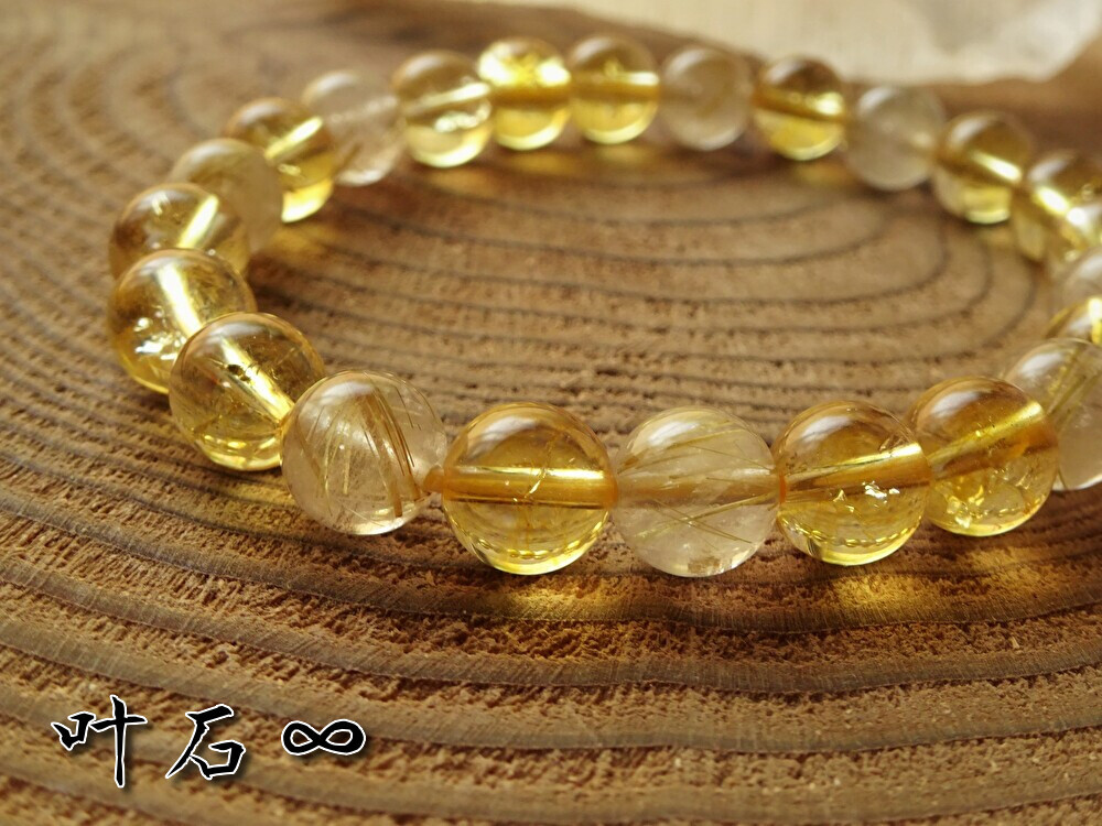 叶石∞【　人生に富、幸運を呼びこむ、お守り　】　ゴールドルチル　シトリン　ブレスレット　・天然石　8mm、ゴールド