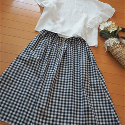ギンガムチェック　ネイビー　シンプルギャザースカート☆フリーサイズ 3枚目の画像