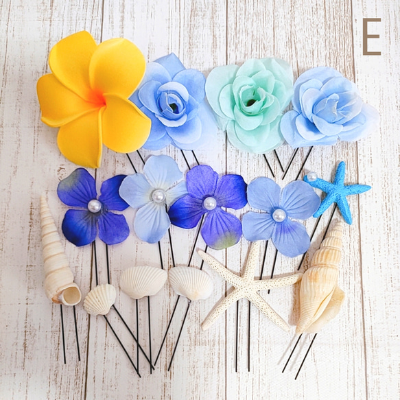E.プルメリア貝殻ヘアアクセサリーセット、夏婚、夏ウエディング  
