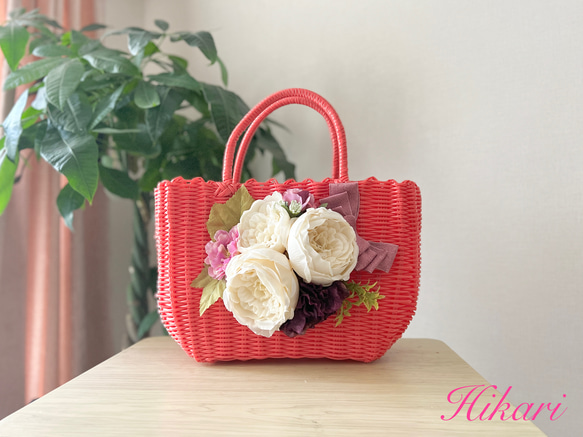 華やかお花のフラワーカゴバッグ〜オレンジ（Mサイズ） かごバッグ