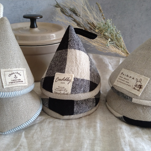 三角鍋つかみ リネン 鍋つかみ ミトン チェック 三角ミトン ストウブ