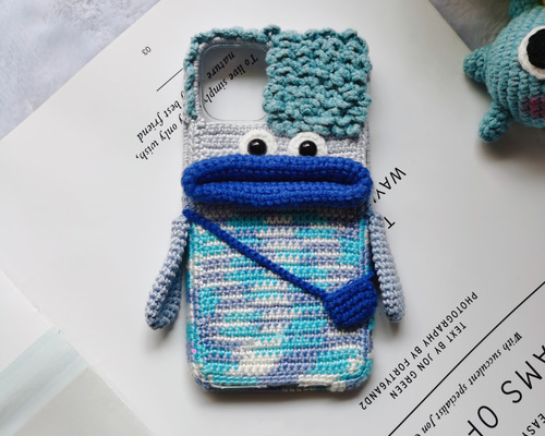 ブルーソーセージ口モンスター☆手編みニット☆iPhoneスマホケース全