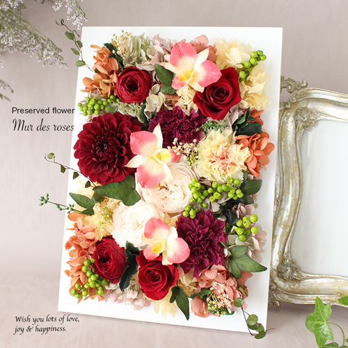 壁掛けOK☆大輪ダリアとオールドローズのフレームアレンジ ワイドL30