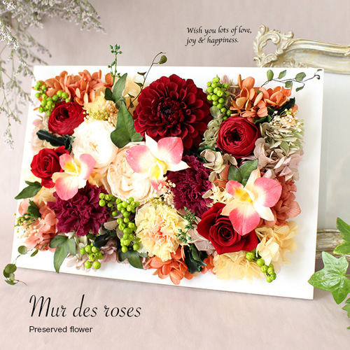 壁掛けOK☆大輪ダリアとオールドローズのフレームアレンジ