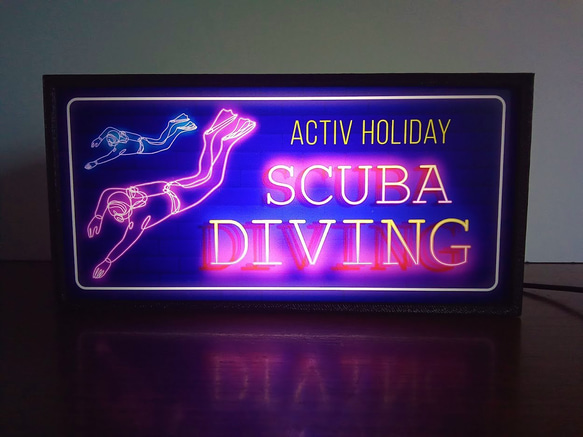 スキューバダイビング ダイバー ダイビングショップ 海 潜水 マリンスポーツ サイン 看板 置物 雑貨 LEDライトBO 1枚目の画像