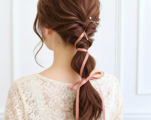 SALE【コーラルピンク】コットン リボン の ポニーフック ヘアリボン
