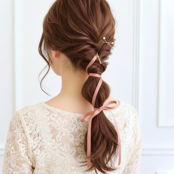 リボン　ポニーフック♡アンティークローズ♡ピンク♡ハンドメイド SALE【コーラルピンク】コットン リボン の ポニーフック ヘアリボン