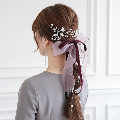 SALE【コーラルピンク】コットン リボン の ポニーフック ヘアリボン