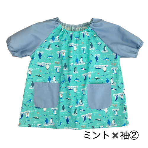 入荷中 ラスト】♡袖色選べる ペンギン柄 キッズスモック 90-110cm ファッション雑貨