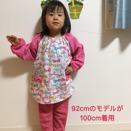 ラスト】♡袖色選べる 90-110cm キッズスモック ペンギン柄