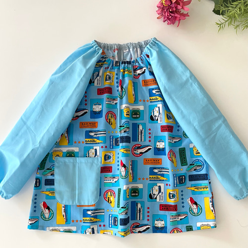 2色♡半袖/長袖 袖色選べる 90-120cm キッズスモック 新幹線柄 男の子  